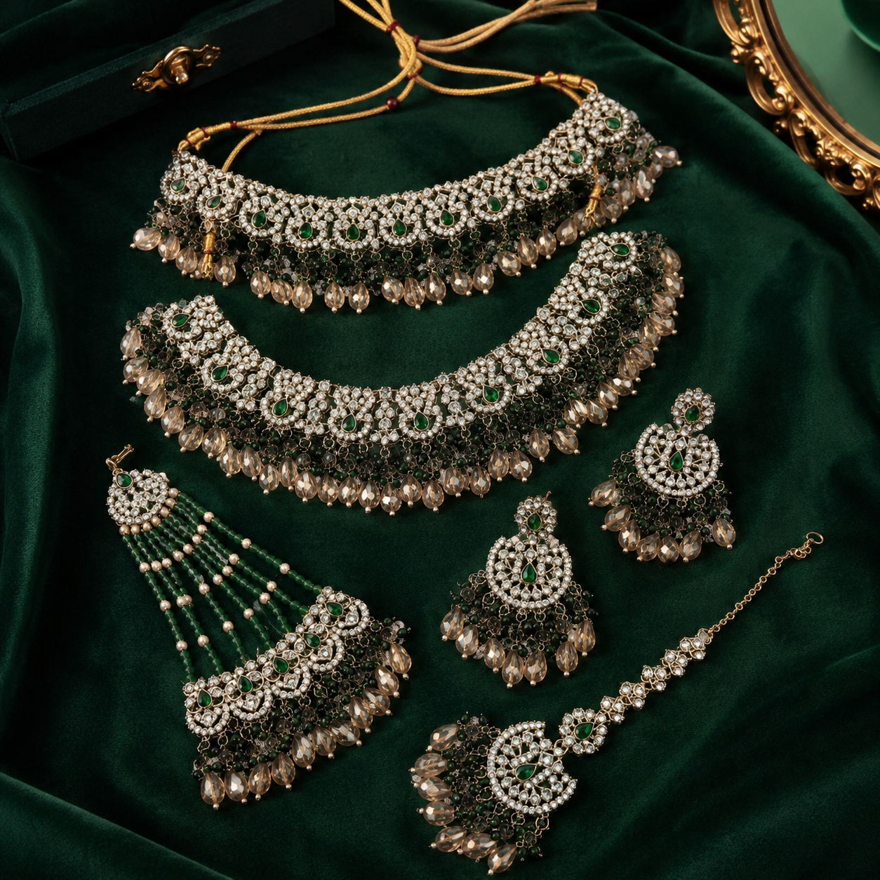 Ethnic High Quality Copper Bridal Engagement Fashion Set Rhodium Plated Zircon Shadow Choker Necklace Earrings Maang Tikka Jovera Joyce