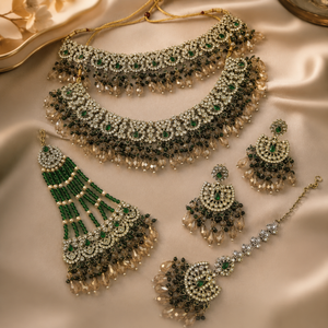 Ethnic High Quality Copper Bridal Engagement Fashion Set Rhodium Plated Zircon Shadow Choker Necklace Earrings Maang Tikka Jovera Joyce