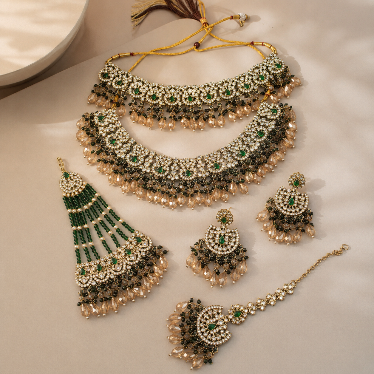 Ethnic High Quality Copper Bridal Engagement Fashion Set Rhodium Plated Zircon Shadow Choker Necklace Earrings Maang Tikka Jovera Joyce
