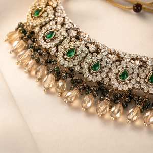 Ethnic High Quality Copper Bridal Engagement Fashion Set Rhodium Plated Zircon Shadow Choker Necklace Earrings Maang Tikka Jovera Joyce