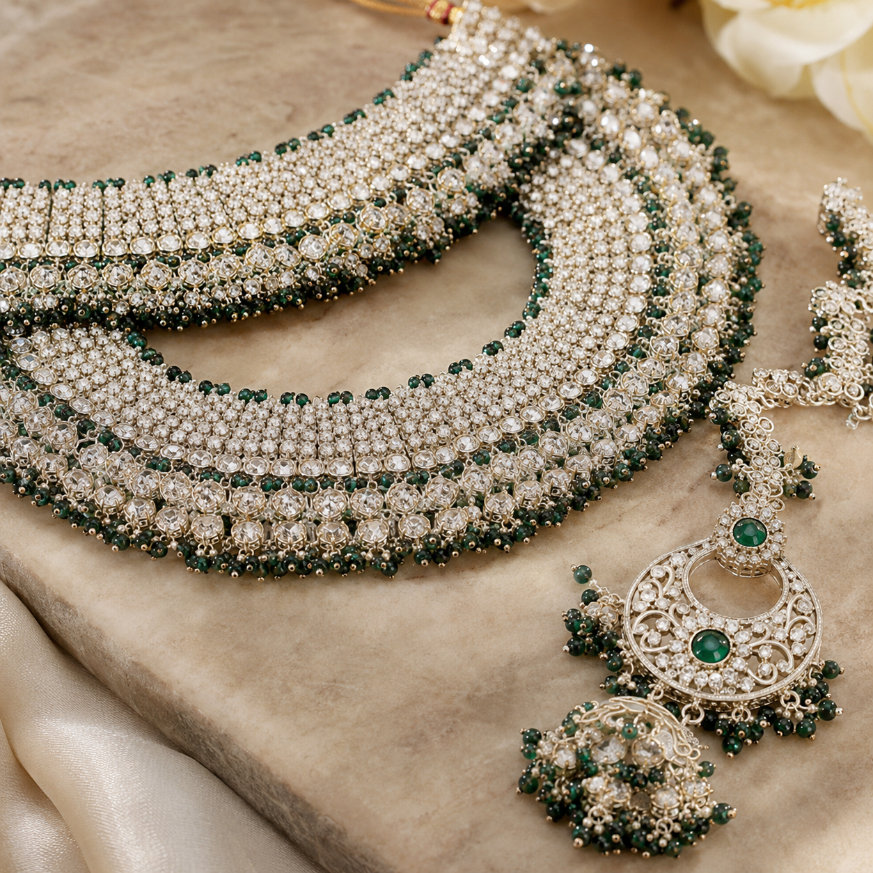 Ethnic High Quality Bridal Fashion Jewelry Set Rhodium Plated Zircon Shadow Choker Necklace Earrings Maang Tikka Wedding Party Jovera Joyce