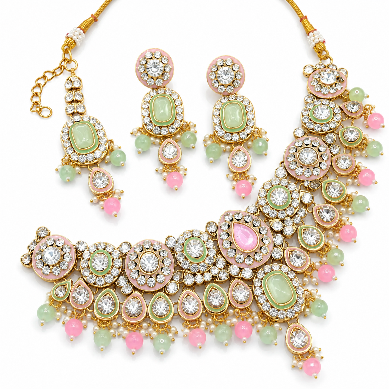 Luxury Indian Platinum Plated Classic Crystal Rhinestone Kundan Choker Necklace Set Pearl Earrings Maang Tikka Engagement Jovera Joyce