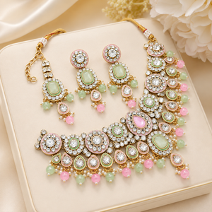 Luxury Indian Platinum Plated Classic Crystal Rhinestone Kundan Choker Necklace Set Pearl Earrings Maang Tikka Engagement Jovera Joyce