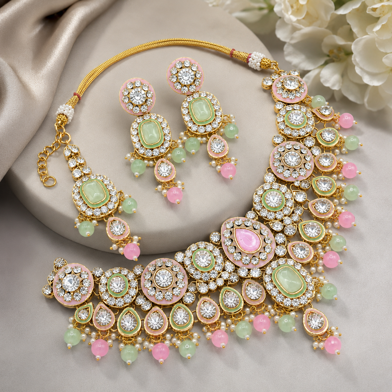 Luxury Indian Platinum Plated Classic Crystal Rhinestone Kundan Choker Necklace Set Pearl Earrings Maang Tikka Engagement Jovera Joyce