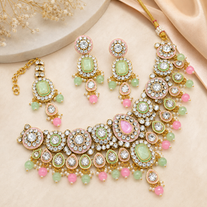 Luxury Indian Platinum Plated Classic Crystal Rhinestone Kundan Choker Necklace Set Pearl Earrings Maang Tikka Engagement Jovera Joyce
