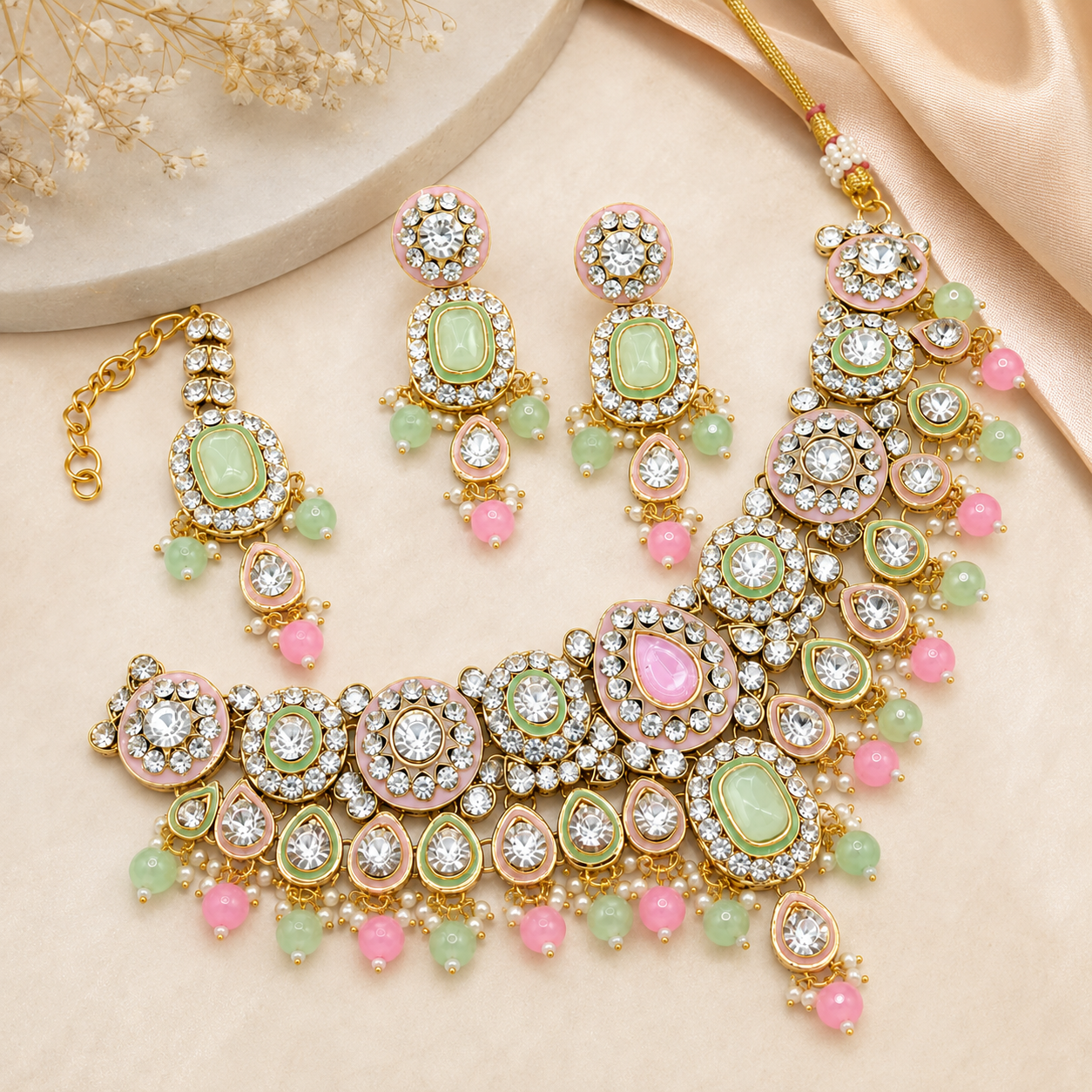 Luxury Indian Platinum Plated Classic Crystal Rhinestone Kundan Choker Necklace Set Pearl Earrings Maang Tikka Engagement Jovera Joyce