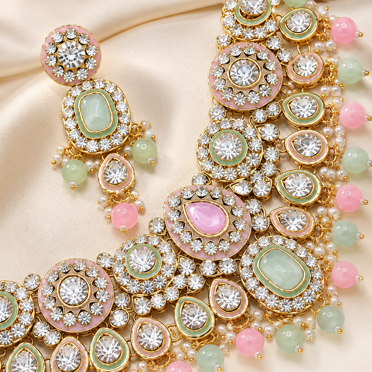 Luxury Indian Platinum Plated Classic Crystal Rhinestone Kundan Choker Necklace Set Pearl Earrings Maang Tikka Engagement Jovera Joyce