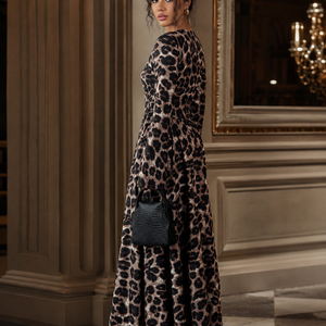 French Leopard Print Long Sleeve Dress Women Jovera Joyce