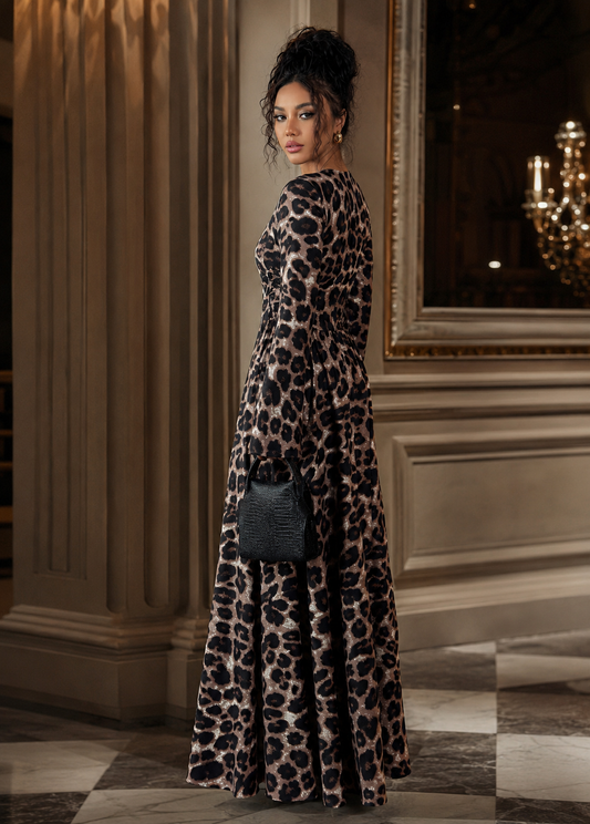 French Leopard Print Long Sleeve Dress Women Jovera Joyce