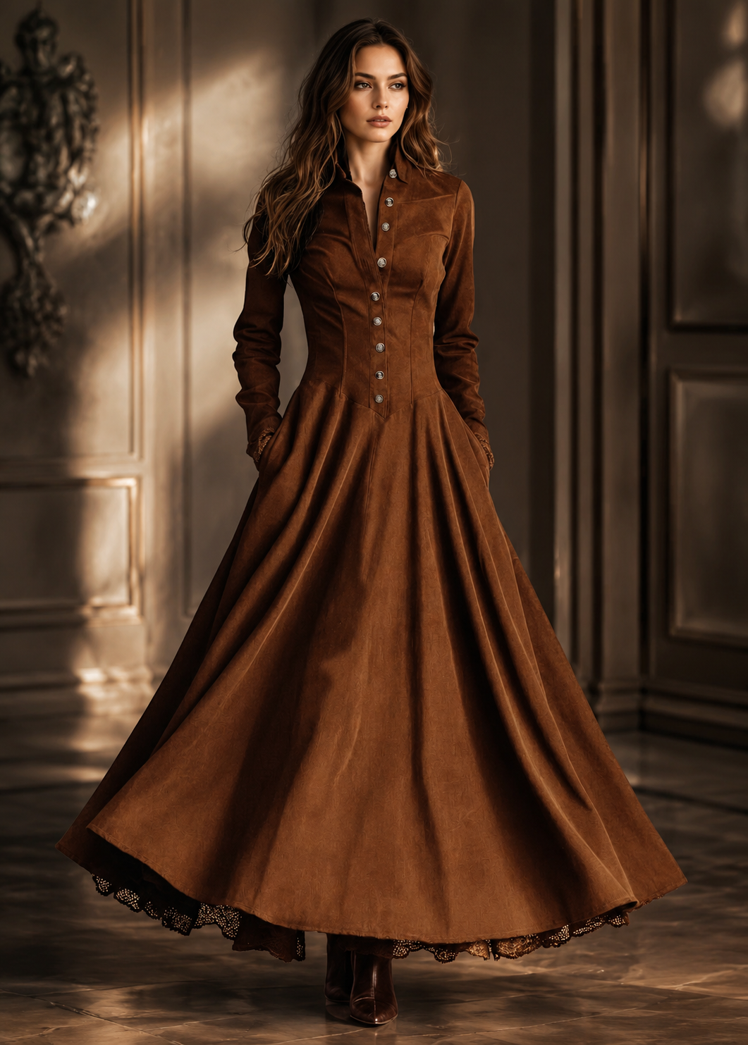 Womens French-style Vintage Faux Suede And Lace Patchwork Shirt Dress Jovera Joyce
