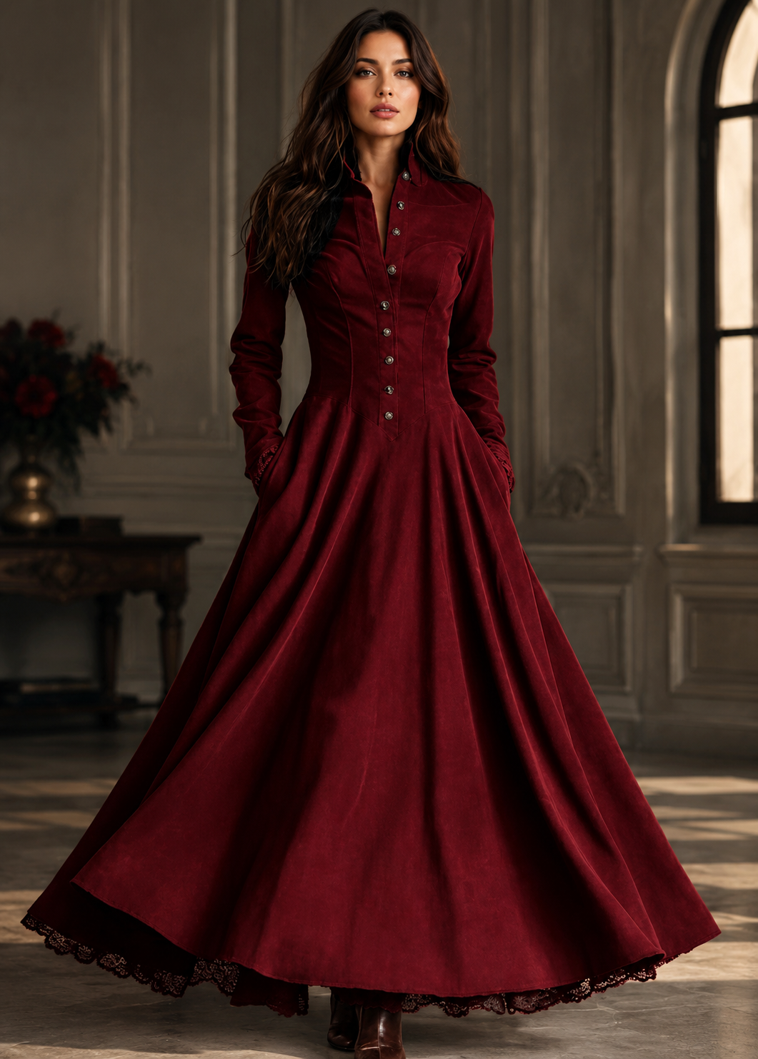 Womens French-style Vintage Faux Suede And Lace Patchwork Shirt Dress Jovera Joyce