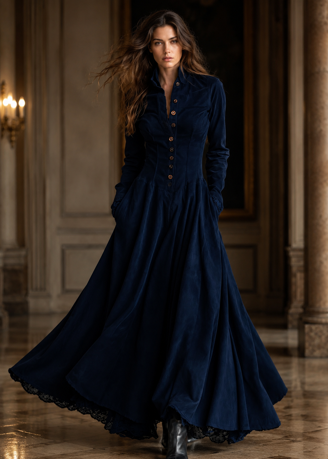 Womens French-style Vintage Faux Suede And Lace Patchwork Shirt Dress Jovera Joyce