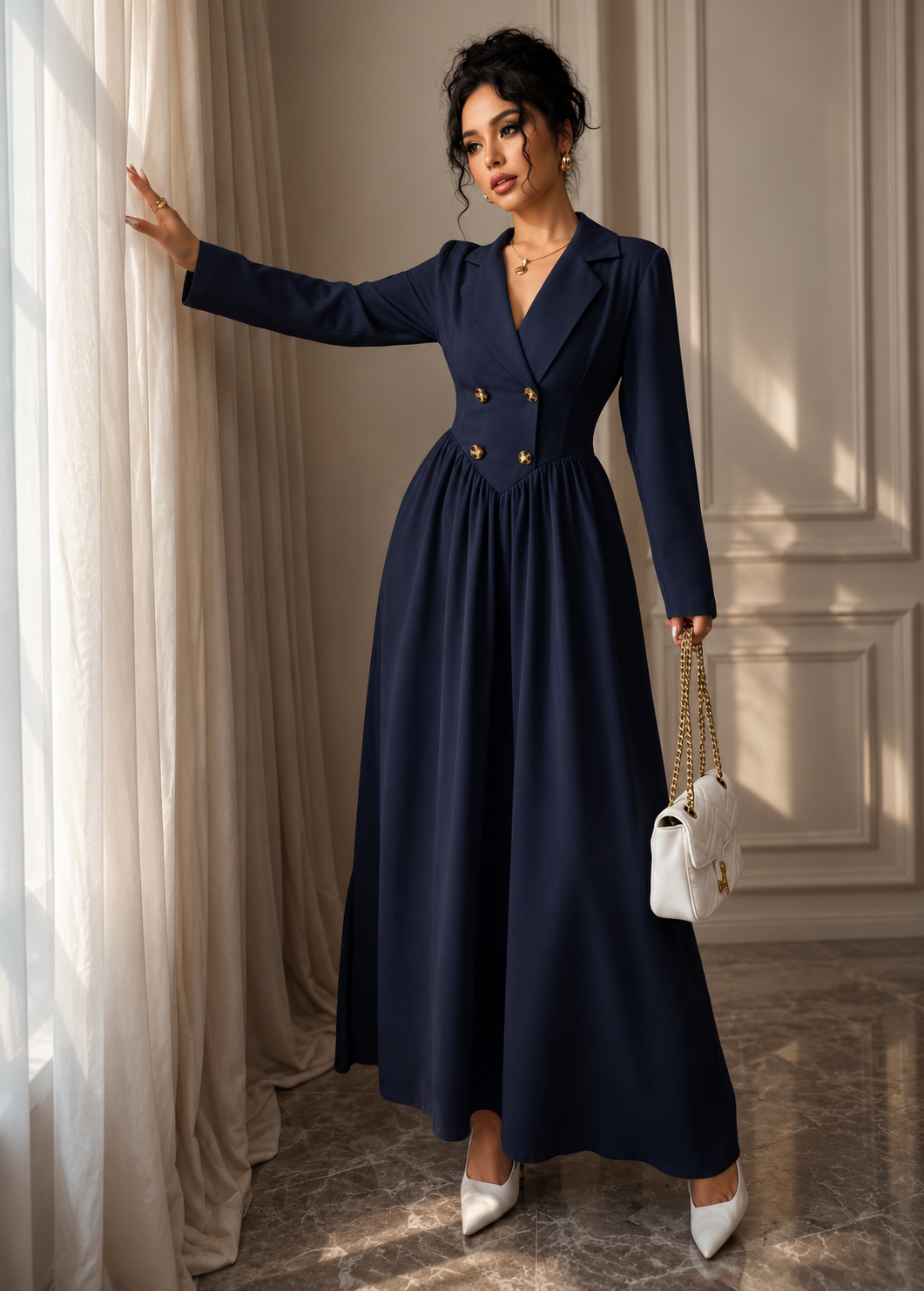 Long-sleeved High-waisted Flared Pleated Dress Jovera Joyce