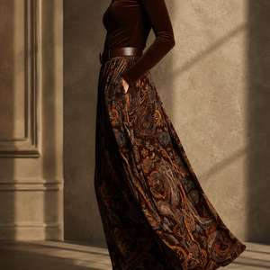 Vintage Velvet Two-Piece Maxi Dress - Square Neck Long Sleeve Top & Paisley Print Flowy Skirt Set With Belt Jovera Joyce