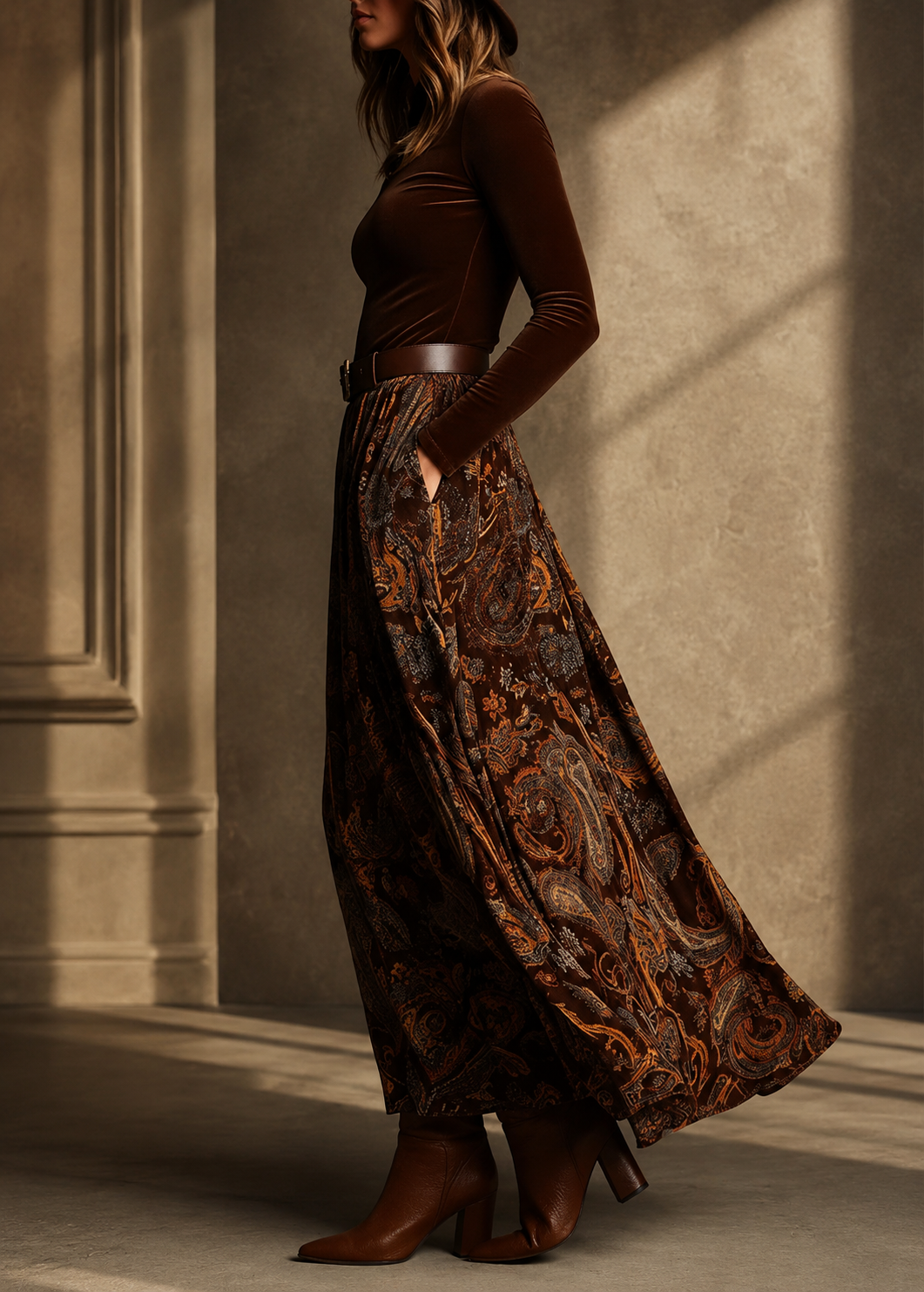 Vintage Velvet Two-Piece Maxi Dress - Square Neck Long Sleeve Top & Paisley Print Flowy Skirt Set With Belt Jovera Joyce