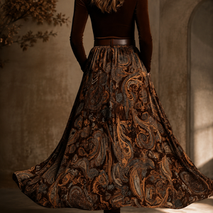 Vintage Velvet Two-Piece Maxi Dress - Square Neck Long Sleeve Top & Paisley Print Flowy Skirt Set With Belt Jovera Joyce