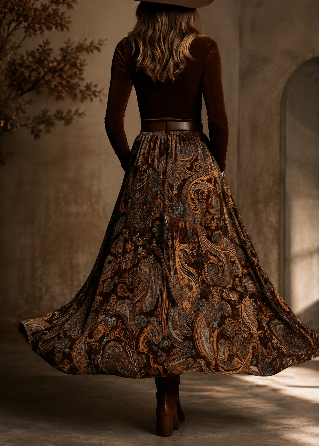 Vintage Velvet Two-Piece Maxi Dress - Square Neck Long Sleeve Top & Paisley Print Flowy Skirt Set With Belt Jovera Joyce
