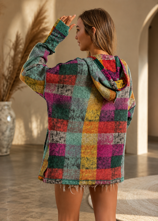 Fashion Color Plaid Hooded Pullover Fleece Sweater Women's Clothing Jovera Joyce