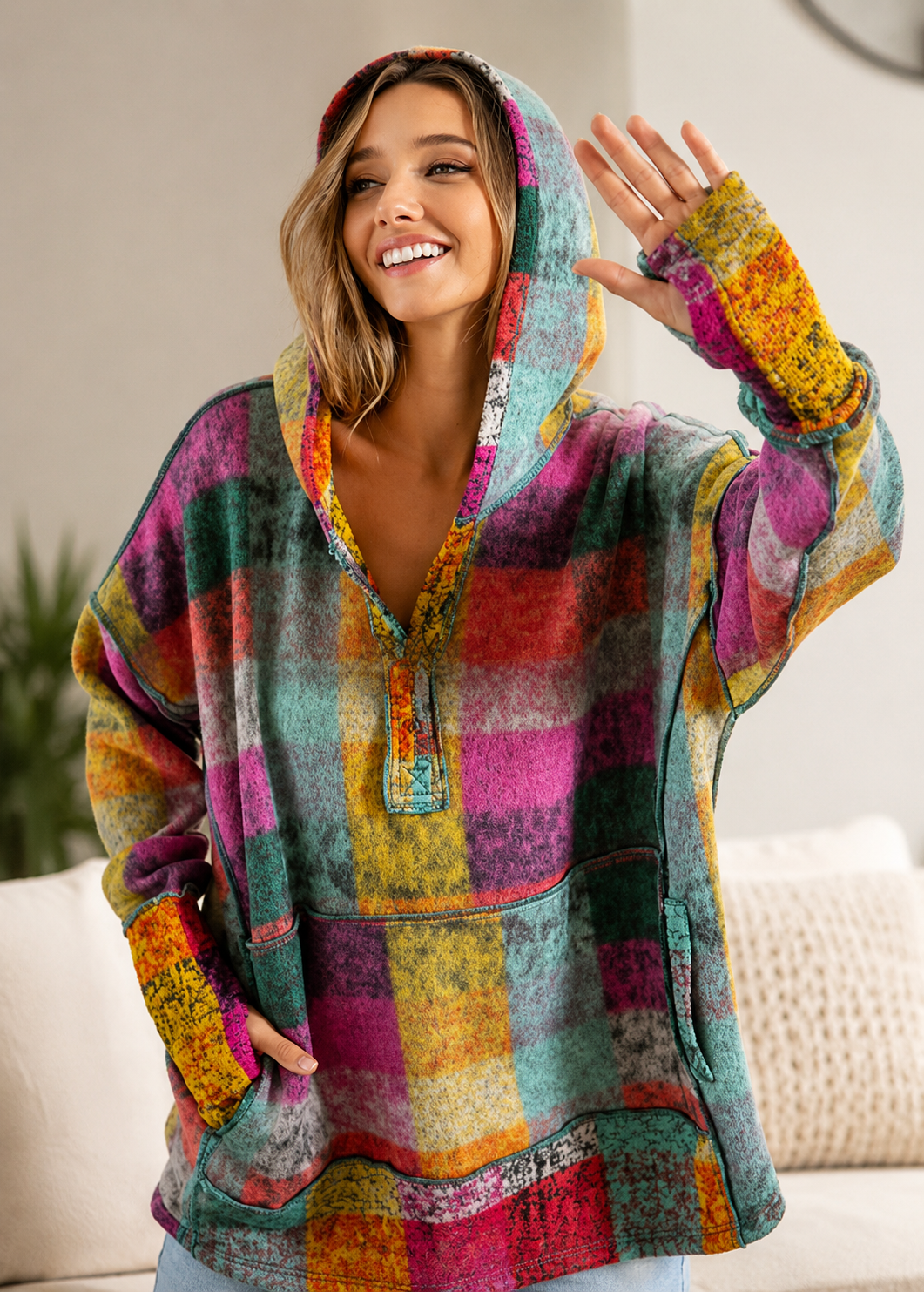 Fashion Color Plaid Hooded Pullover Fleece Sweater Women's Clothing Jovera Joyce
