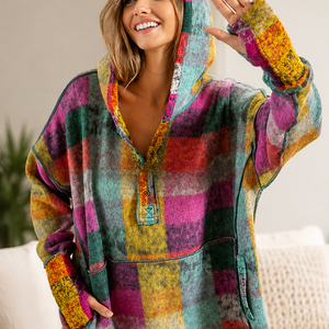 Fashion Color Plaid Hooded Pullover Fleece Sweater Women's Clothing Jovera Joyce
