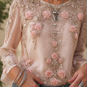 Womens Retro Bohemian Drop-Shoulder Long-Sleeve Top With A Crew Neck Jovera Joyce