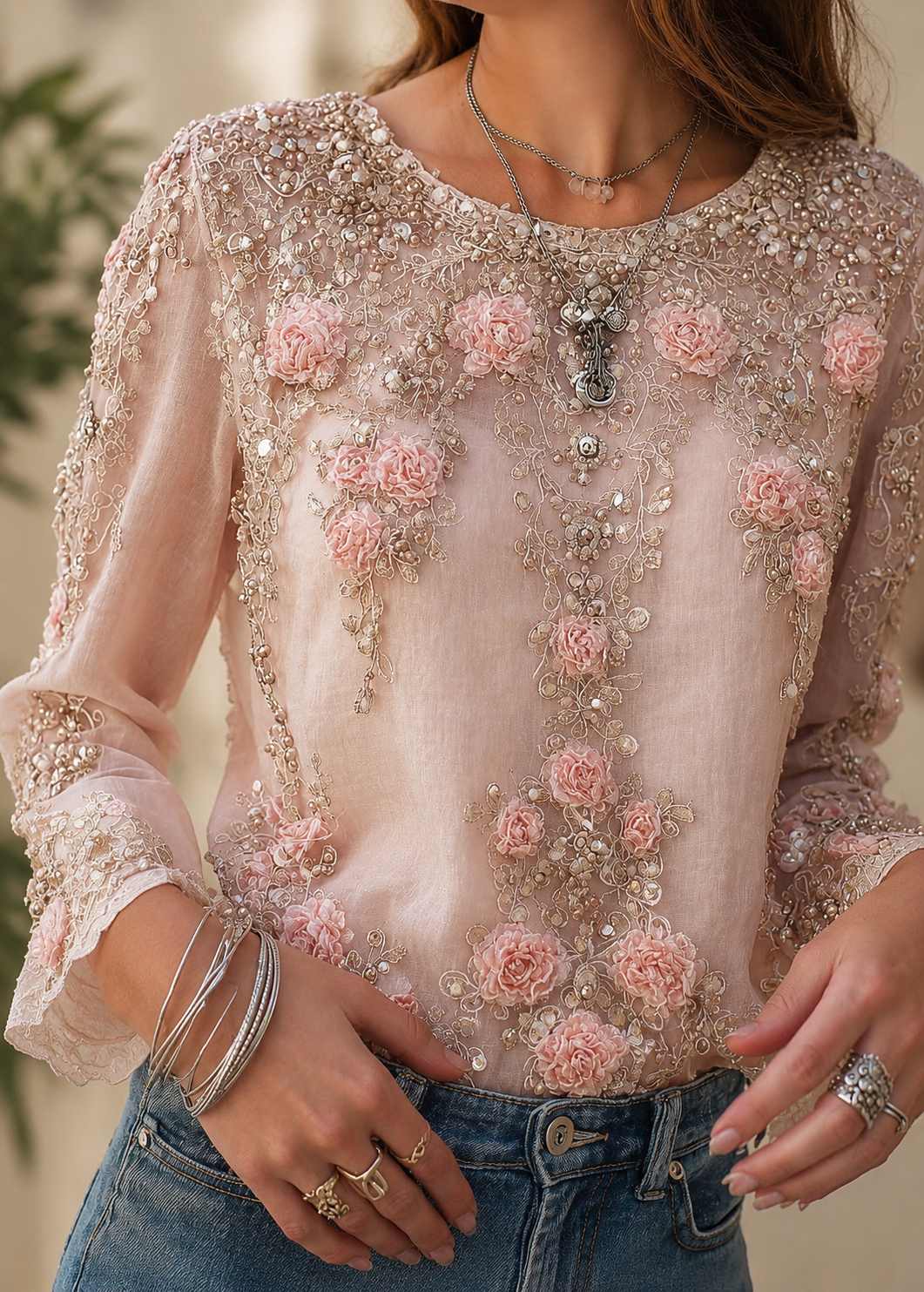 Womens Retro Bohemian Drop-Shoulder Long-Sleeve Top With A Crew Neck Jovera Joyce