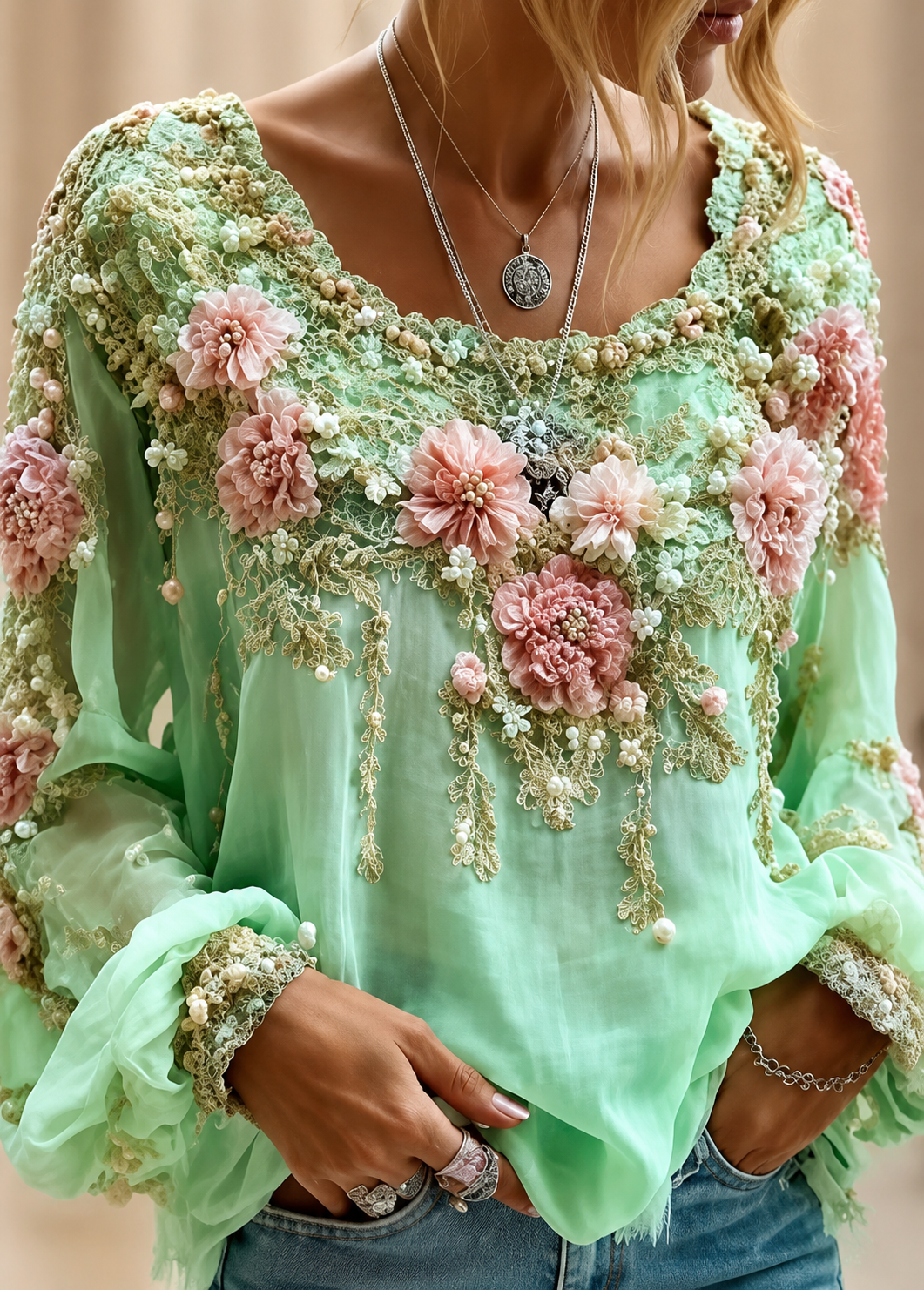 Womens Retro Bohemian Drop-Shoulder Long-Sleeve Top With A Crew Neck Jovera Joyce