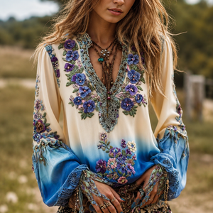 Loose-fitting Casual Womens Shirt With A V-neck And A Printed Design Jovera Joyce