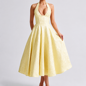 V-neck Halter Sleeveless Jacquard Lace-up Waist Vacation Style Long Senior Dress Jovera Joyce