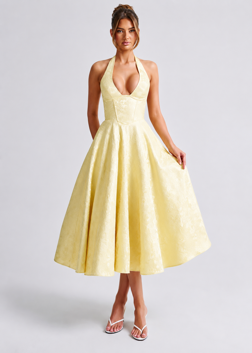 V-neck Halter Sleeveless Jacquard Lace-up Waist Vacation Style Long Senior Dress Jovera Joyce