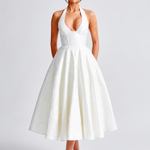 V-neck Halter Sleeveless Jacquard Lace-up Waist Vacation Style Long Senior Dress Jovera Joyce