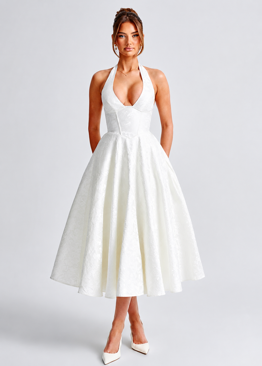 V-neck Halter Sleeveless Jacquard Lace-up Waist Vacation Style Long Senior Dress Jovera Joyce