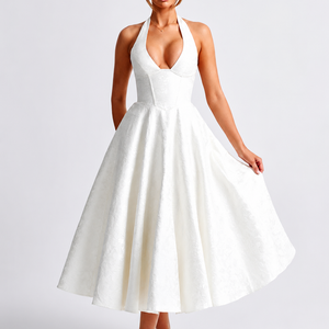 V-neck Halter Sleeveless Jacquard Lace-up Waist Vacation Style Long Senior Dress Jovera Joyce