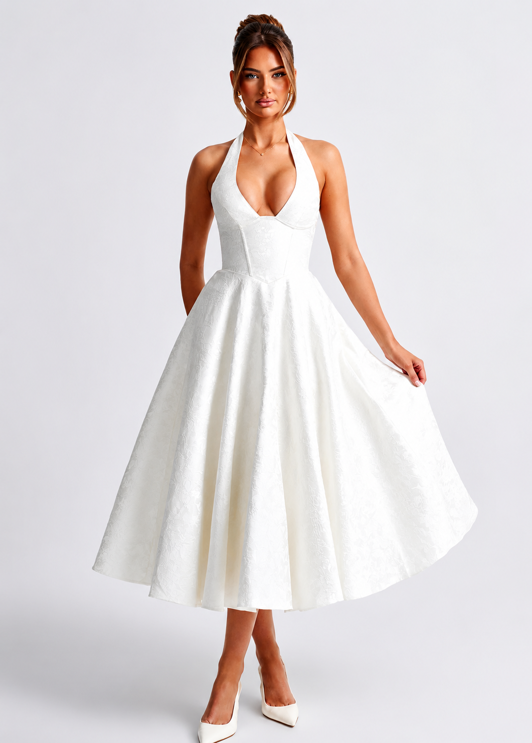 V-neck Halter Sleeveless Jacquard Lace-up Waist Vacation Style Long Senior Dress Jovera Joyce