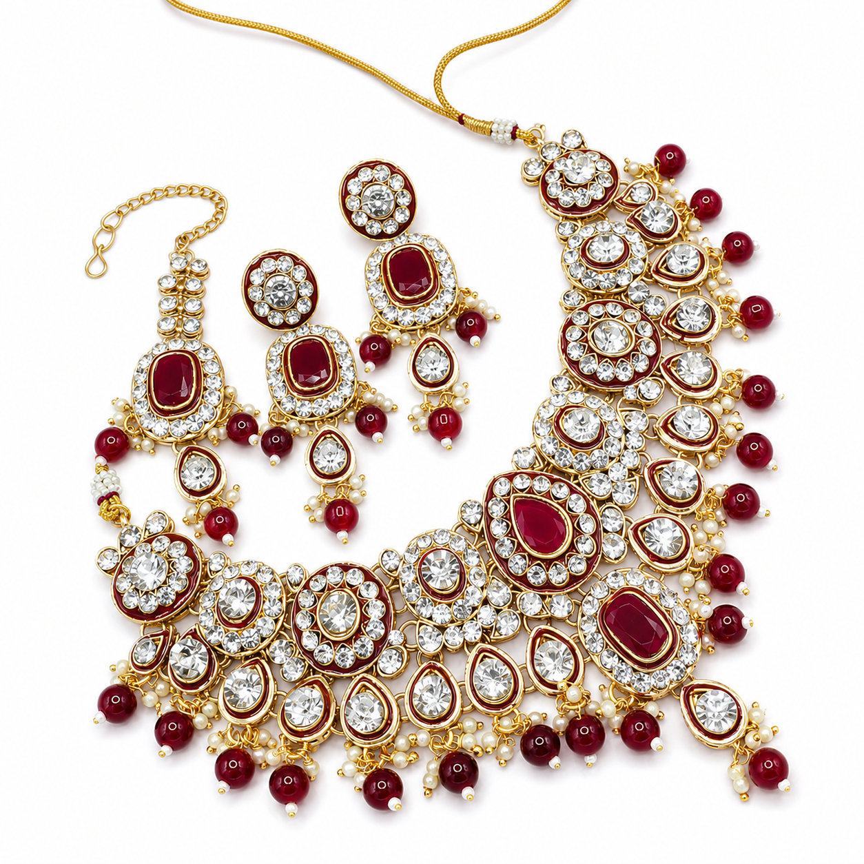Luxury Indian Platinum Plated Classic Crystal Rhinestone Kundan Choker Necklace Set Pearl Earrings Maang Tikka Engagement Jovera Joyce