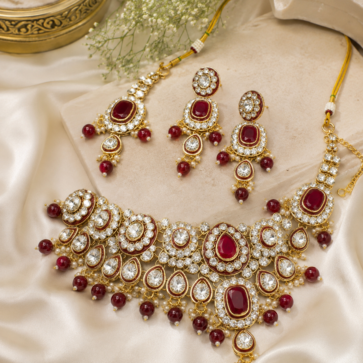 Luxury Indian Platinum Plated Classic Crystal Rhinestone Kundan Choker Necklace Set Pearl Earrings Maang Tikka Engagement Jovera Joyce