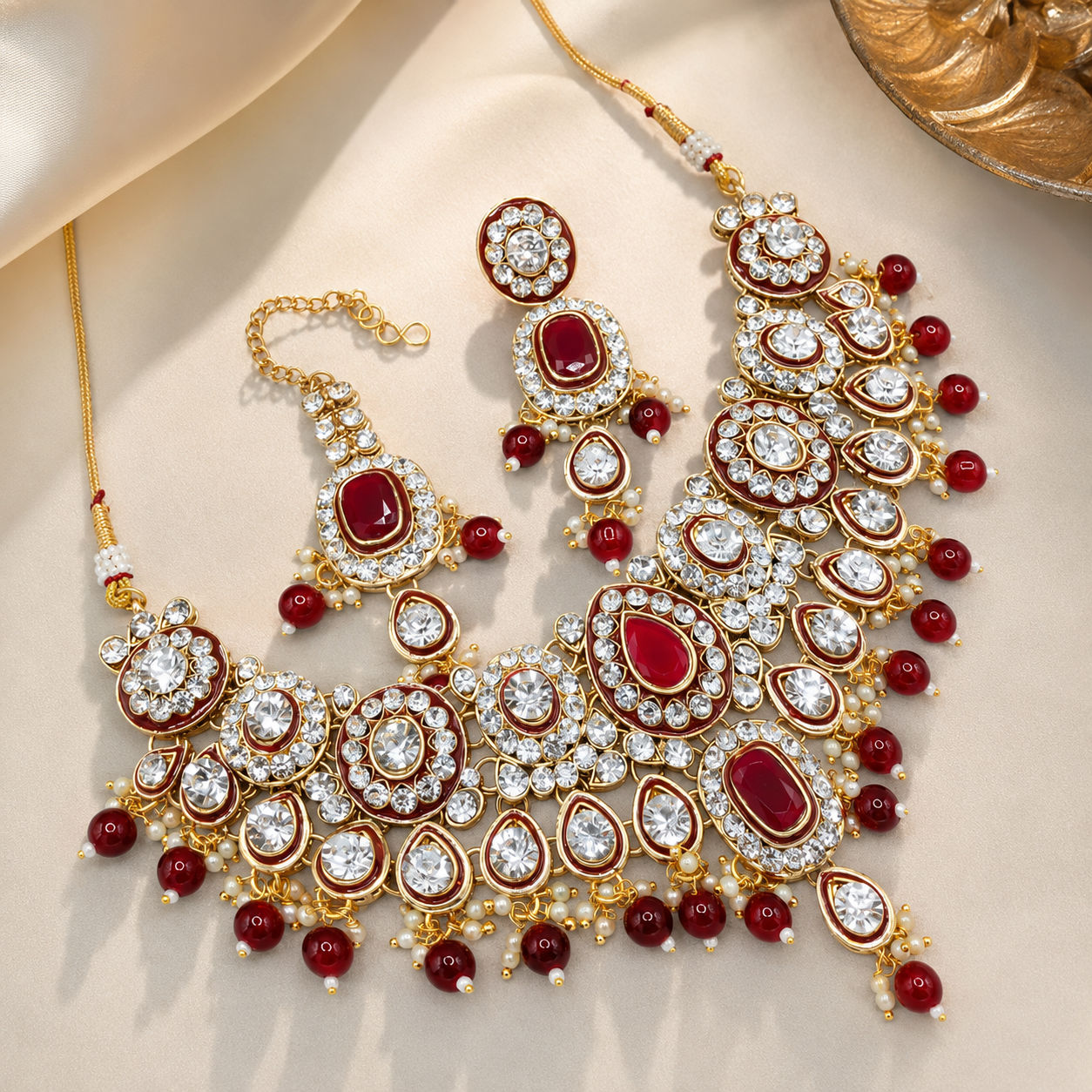 Luxury Indian Platinum Plated Classic Crystal Rhinestone Kundan Choker Necklace Set Pearl Earrings Maang Tikka Engagement Jovera Joyce