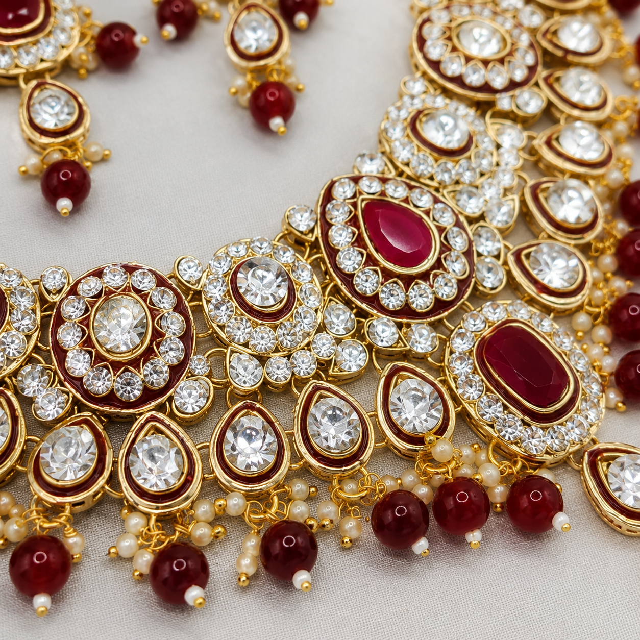 Luxury Indian Platinum Plated Classic Crystal Rhinestone Kundan Choker Necklace Set Pearl Earrings Maang Tikka Engagement Jovera Joyce