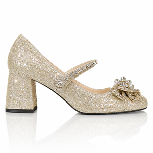 2025 New Champagne Rhinestone Bow Mary Jane Heels Fairy Style Ankle Strap Chunky Heel Pumps Jovera Joyce