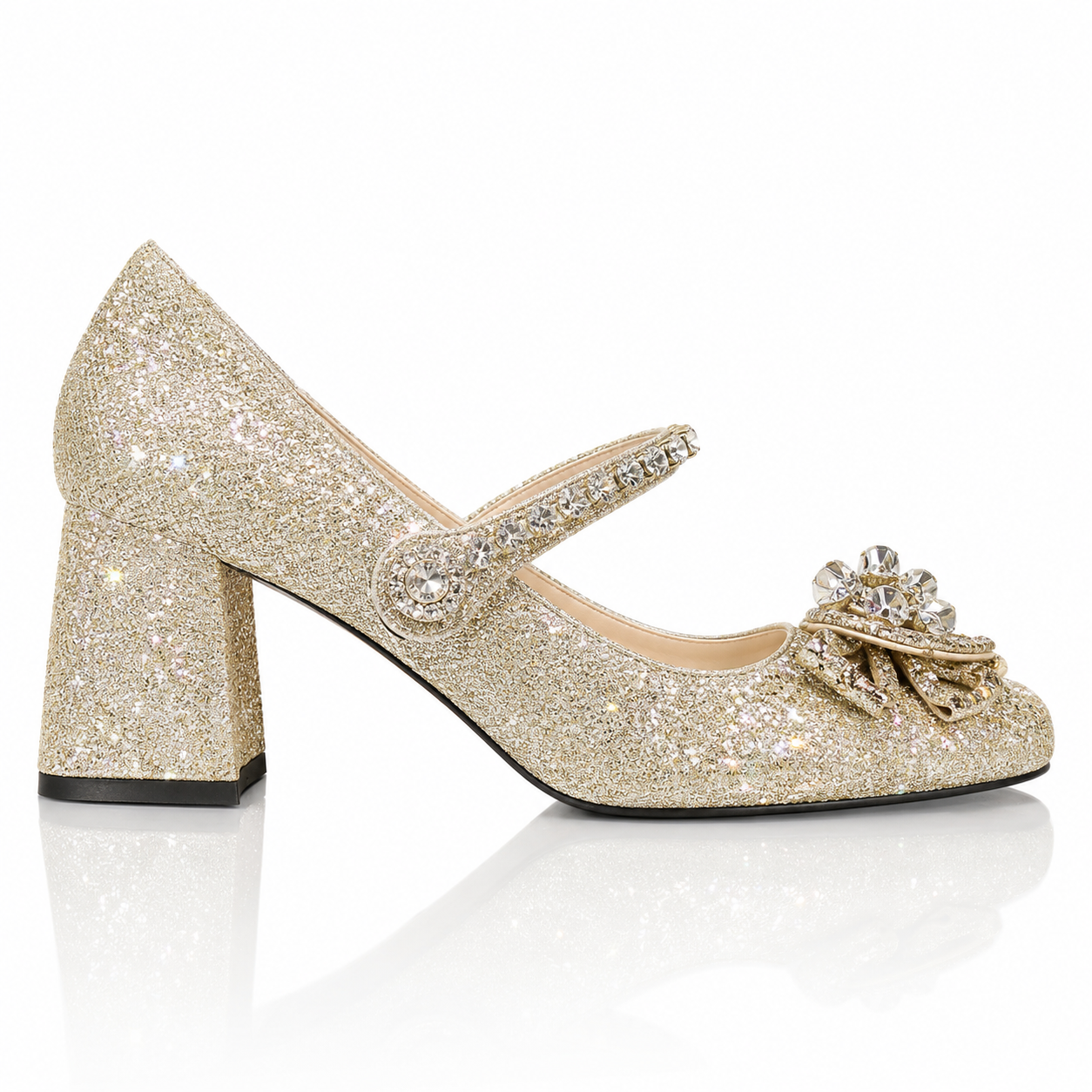 2025 New Champagne Rhinestone Bow Mary Jane Heels Fairy Style Ankle Strap Chunky Heel Pumps Jovera Joyce