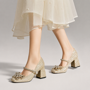 2025 New Champagne Rhinestone Bow Mary Jane Heels Fairy Style Ankle Strap Chunky Heel Pumps Jovera Joyce