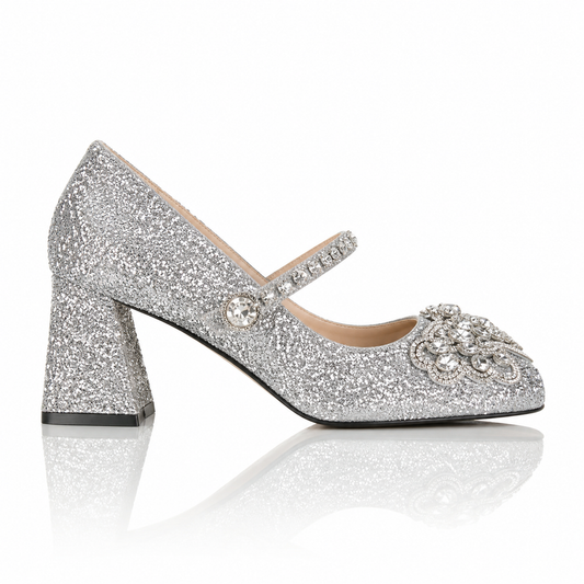 2025 New Champagne Rhinestone Bow Mary Jane Heels Fairy Style Ankle Strap Chunky Heel Pumps Jovera Joyce