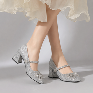 2025 New Champagne Rhinestone Bow Mary Jane Heels Fairy Style Ankle Strap Chunky Heel Pumps Jovera Joyce
