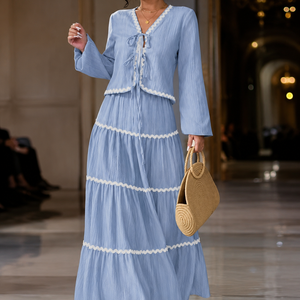 Lace Layered Pleated Lantern Sleeve Bow Shirt And Skirt Suit Women Jovera Joyce