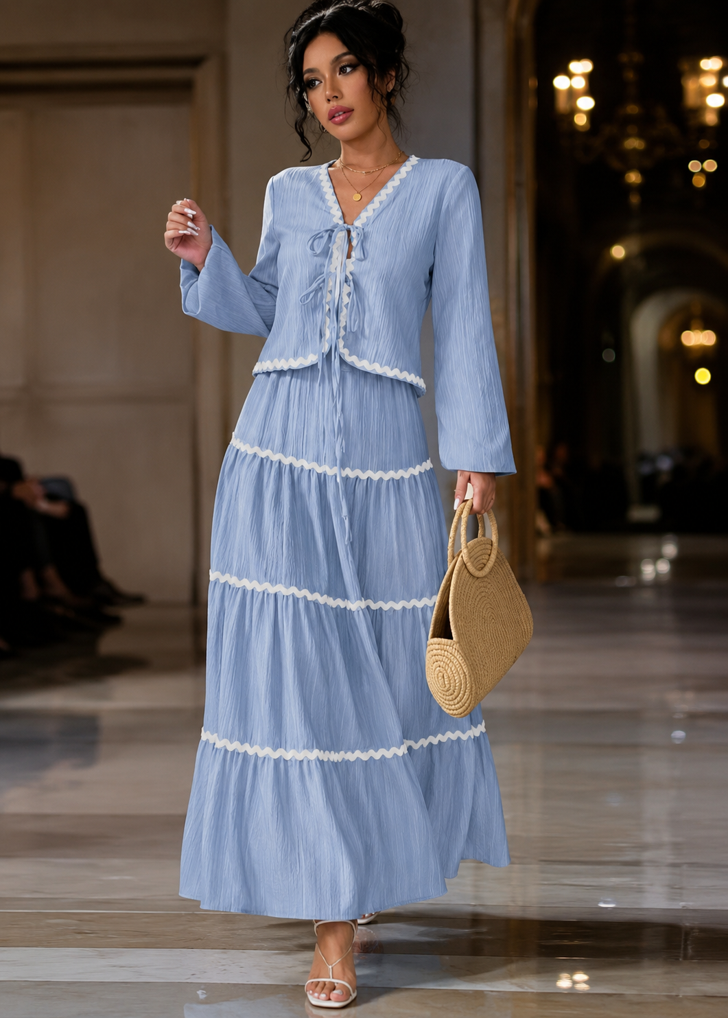 Lace Layered Pleated Lantern Sleeve Bow Shirt And Skirt Suit Women Jovera Joyce