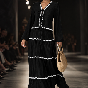 Lace Layered Pleated Lantern Sleeve Bow Shirt And Skirt Suit Women Jovera Joyce