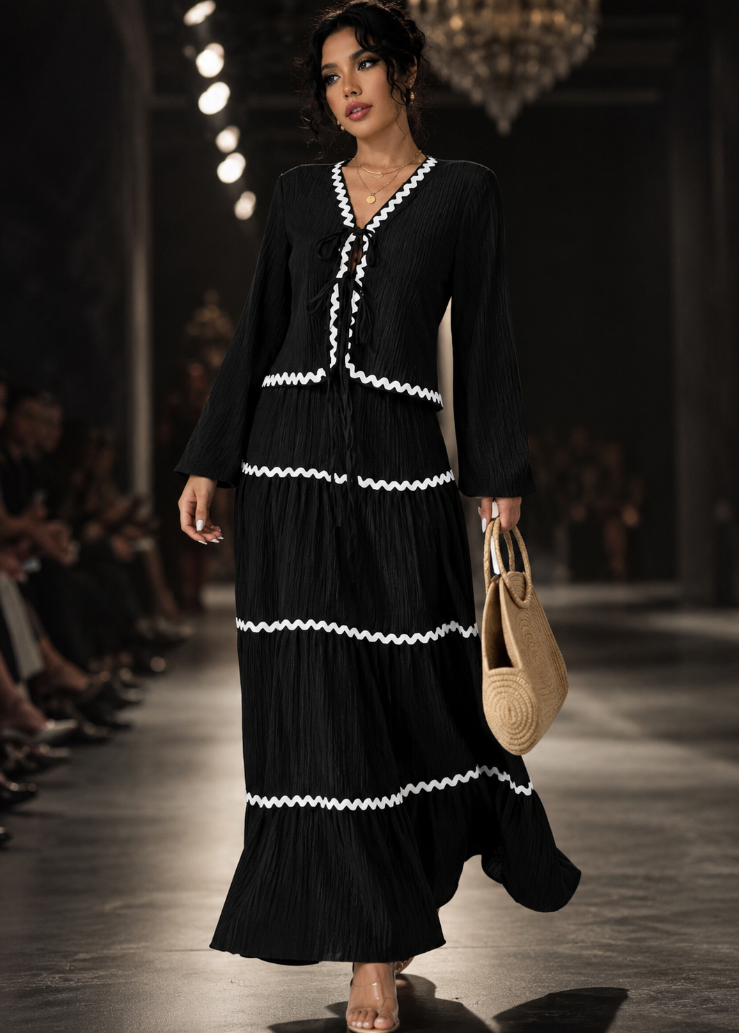 Lace Layered Pleated Lantern Sleeve Bow Shirt And Skirt Suit Women Jovera Joyce