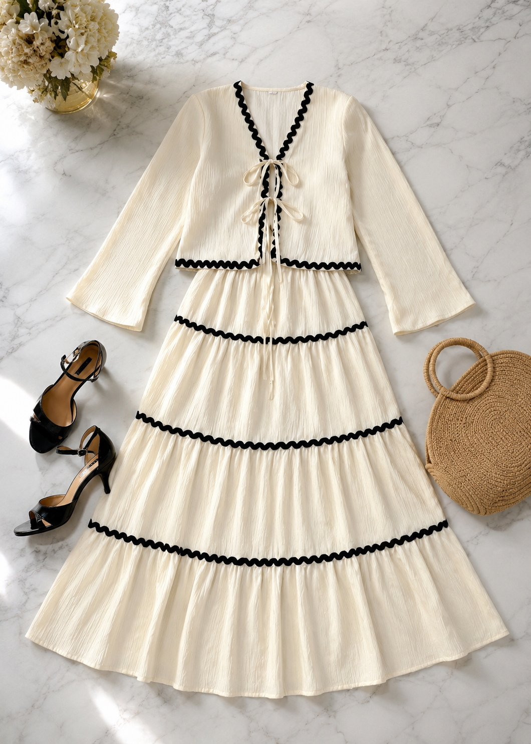 Lace Layered Pleated Lantern Sleeve Bow Shirt And Skirt Suit Women Jovera Joyce