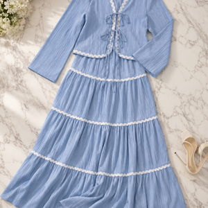 Lace Layered Pleated Lantern Sleeve Bow Shirt And Skirt Suit Women Jovera Joyce