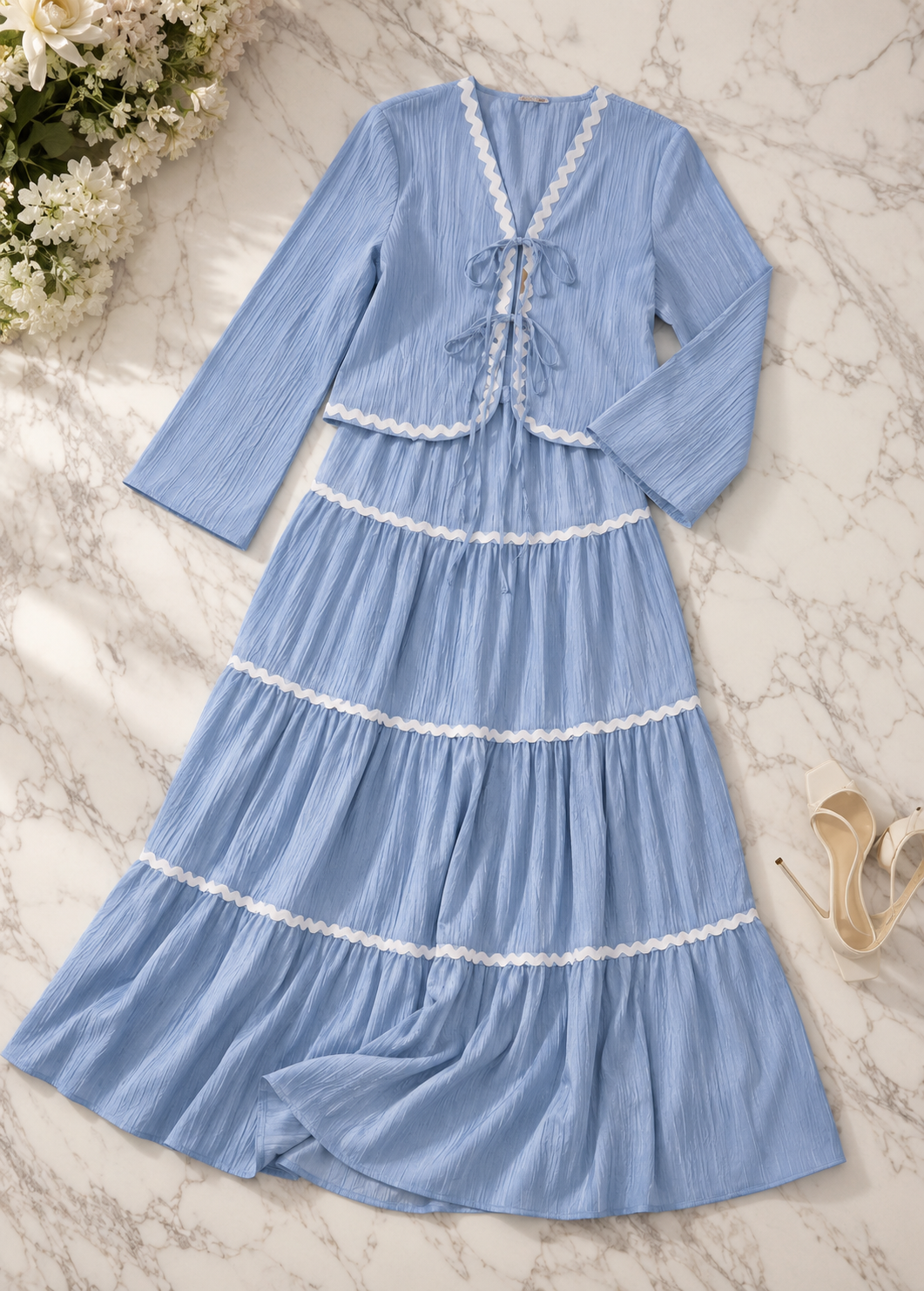 Lace Layered Pleated Lantern Sleeve Bow Shirt And Skirt Suit Women Jovera Joyce